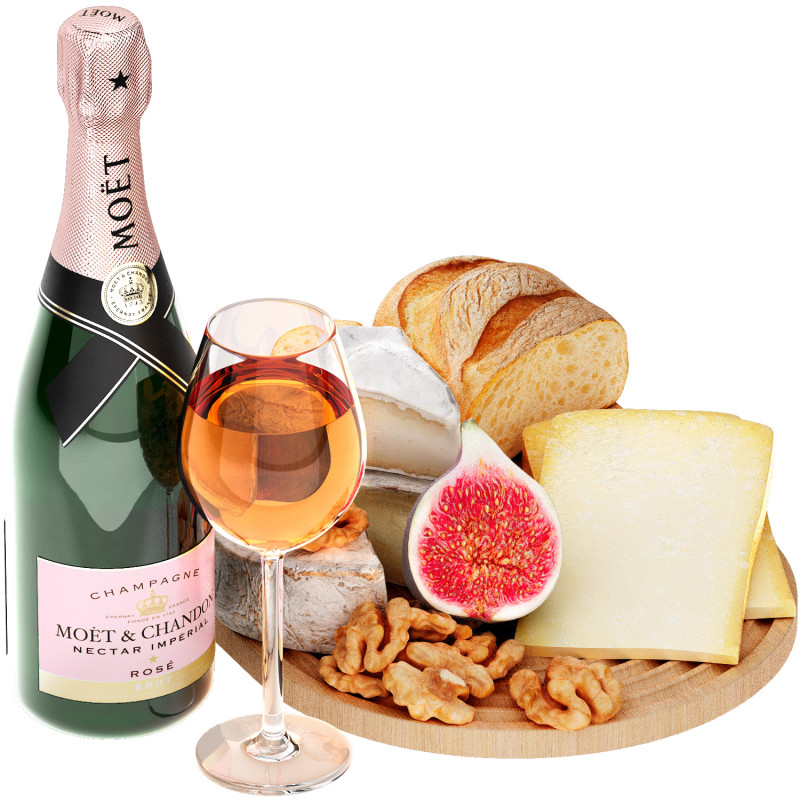 Dessert plate of chesse and bread with champagne wine 3D Model .c4d .max .obj .3ds .fbx .stl .blend
