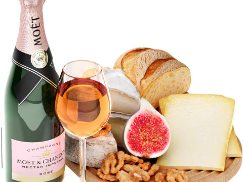 Dessert plate of chesse and bread with champagne wine 3D Model