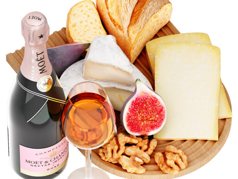 Dessert plate of chesse and bread with champagne wine 3D Model