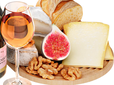 Dessert plate of chesse and bread with champagne wine 3D Model