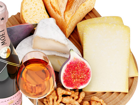 Dessert plate of chesse and bread with champagne wine 3D Model