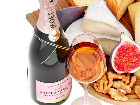 Dessert plate of chesse and bread with champagne wine 3D Model