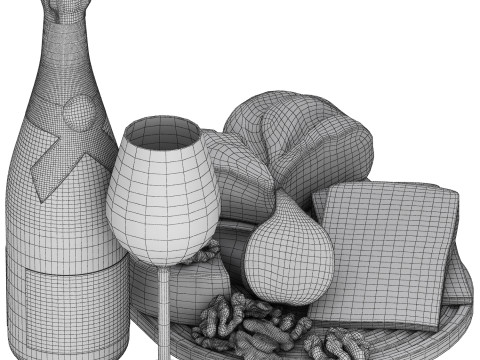 Dessert plate of chesse and bread with champagne wine 3D Model