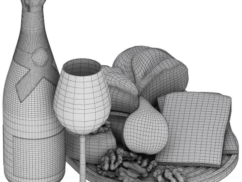 Dessert plate of chesse and bread with champagne wine 3D Model