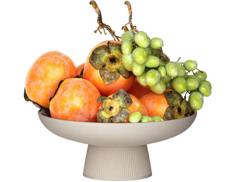 Bowl of persimmon green grapes fruit 3D Модель