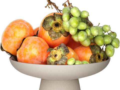Bowl of persimmon green grapes fruit Model 3D