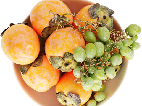Bowl of persimmon green grapes fruit Model 3D