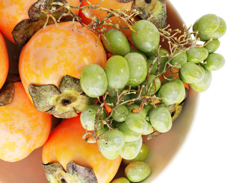 Bowl of persimmon green grapes fruit Model 3D