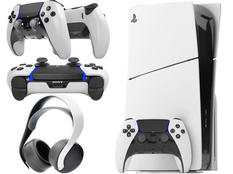 Sony playstation 5 slim with headphone and controller Modello 3D .c4d .max .obj .3ds .fbx .stl .blend