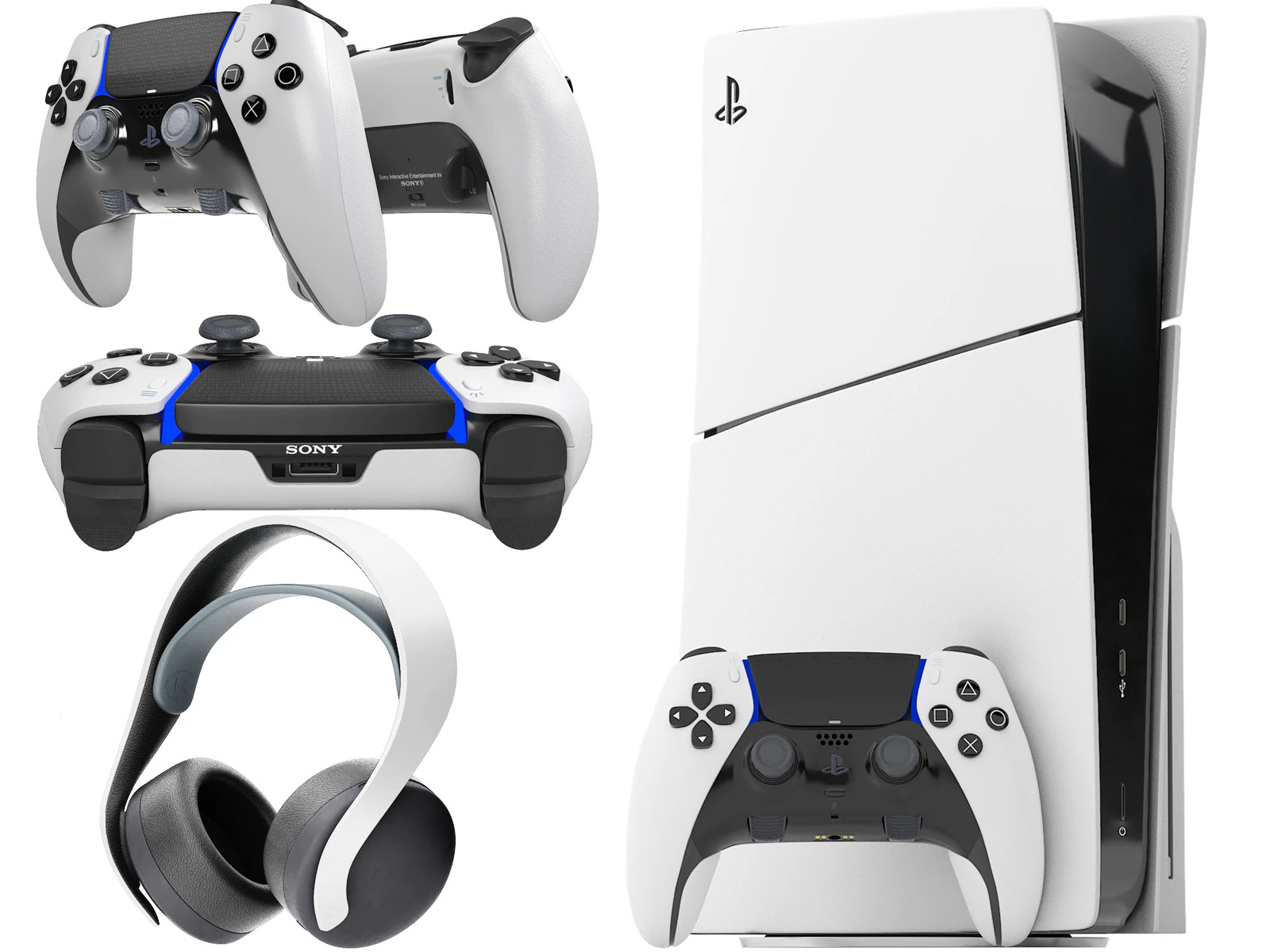 Sony playstation 5 slim with headphone and controller 3D Model .c4d .max .obj .3ds .fbx .stl .blend 