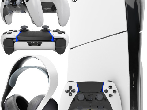 Sony playstation 5 slim with headphone and controller Modello 3D
