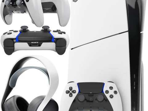 Sony playstation 5 slim with headphone and controller 3D Model