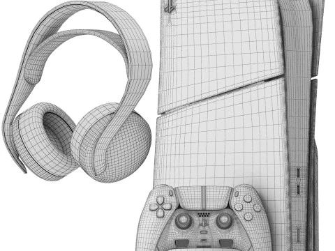 Sony playstation 5 slim with headphone and controller 3D Model