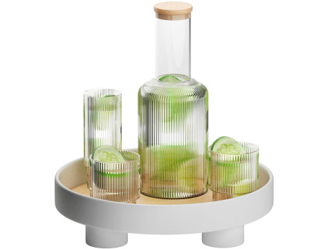 Rundes Plattformtablett mit Wellenkaraffe, Wasser und Gurke 3D Modell