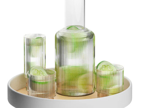 Round platform tray with ripple carafe water and cucumbe 3D Model