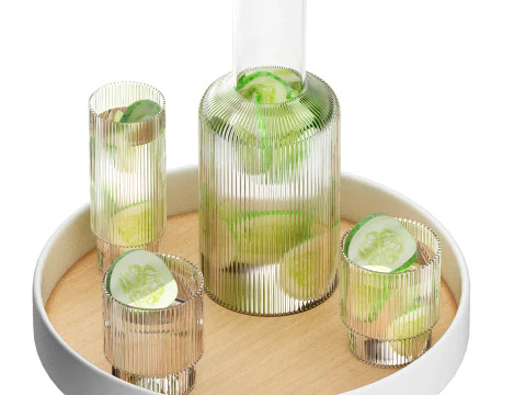 Round platform tray with ripple carafe water and cucumbe 3D Model