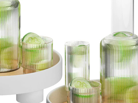 Round platform tray with ripple carafe water and cucumbe 3D Model