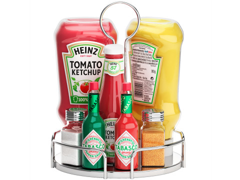 Tablett mit Ketchup Heinz Tabasco und Zuckerdosen 3D Modell