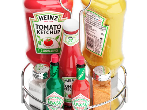 Bandeja de ketchup heinz tabasco e potes de a&ccedil;&uacute;car Modelo 3D