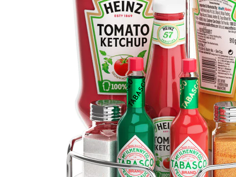 Bandeja de ketchup heinz tabasco e potes de a&ccedil;&uacute;car Modelo 3D