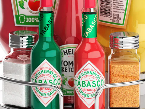 Bandeja de ketchup heinz tabasco e potes de a&ccedil;&uacute;car Modelo 3D