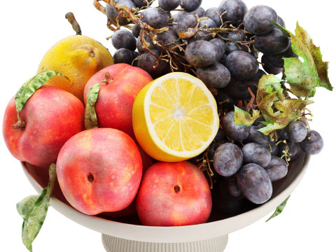 Ciotola di pesche, limone e uva Modello 3D