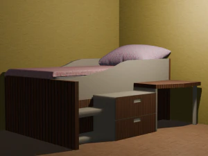 Ein Bett mit Nachttisch und Tisch 3D Modell