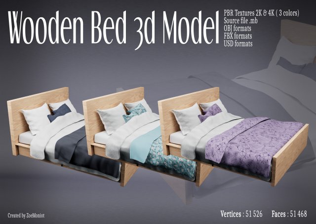 Wooden Bed 3D Model .c4d .max .obj .3ds .fbx .stl .blend 