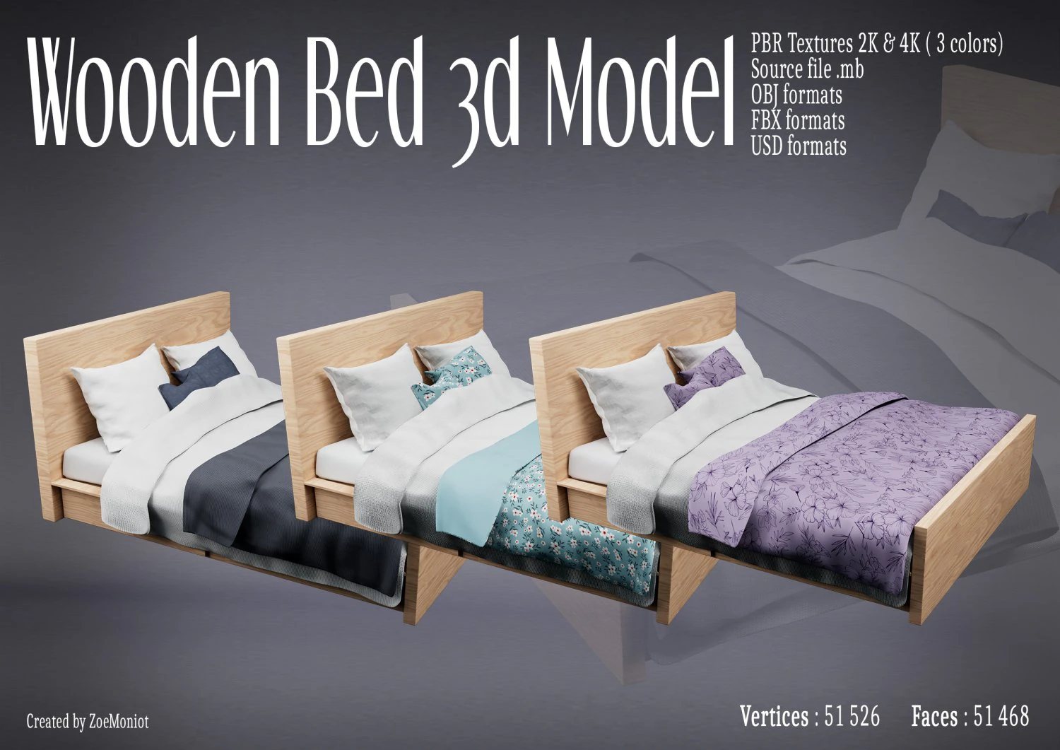 Wooden Bed 3D Model .c4d .max .obj .3ds .fbx .stl .blend