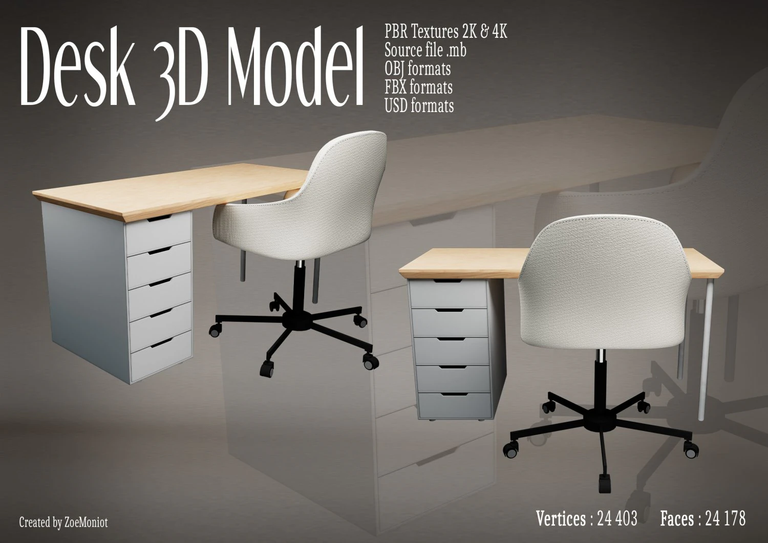 Desk 01 3D Model .c4d .max .obj .3ds .fbx .stl .blend 