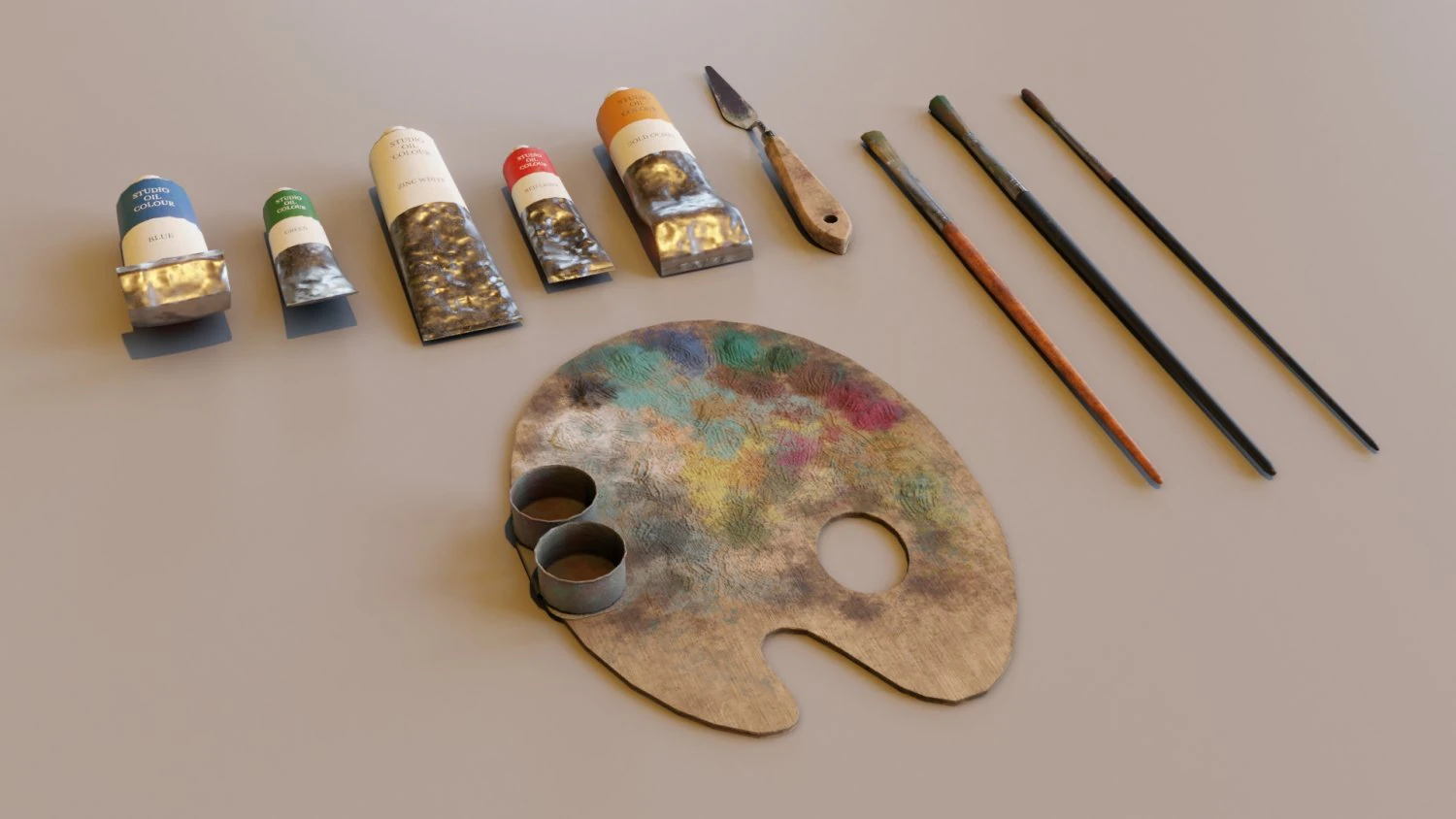 Art supplies with palette for painting with oil paints 3D Model .c4d .max .obj .3ds .fbx .stl .blend 