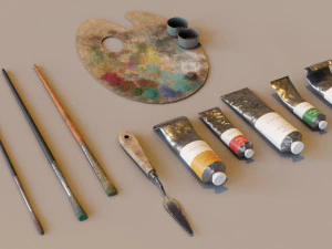 Art supplies with palette for painting with oil paints 3D Model