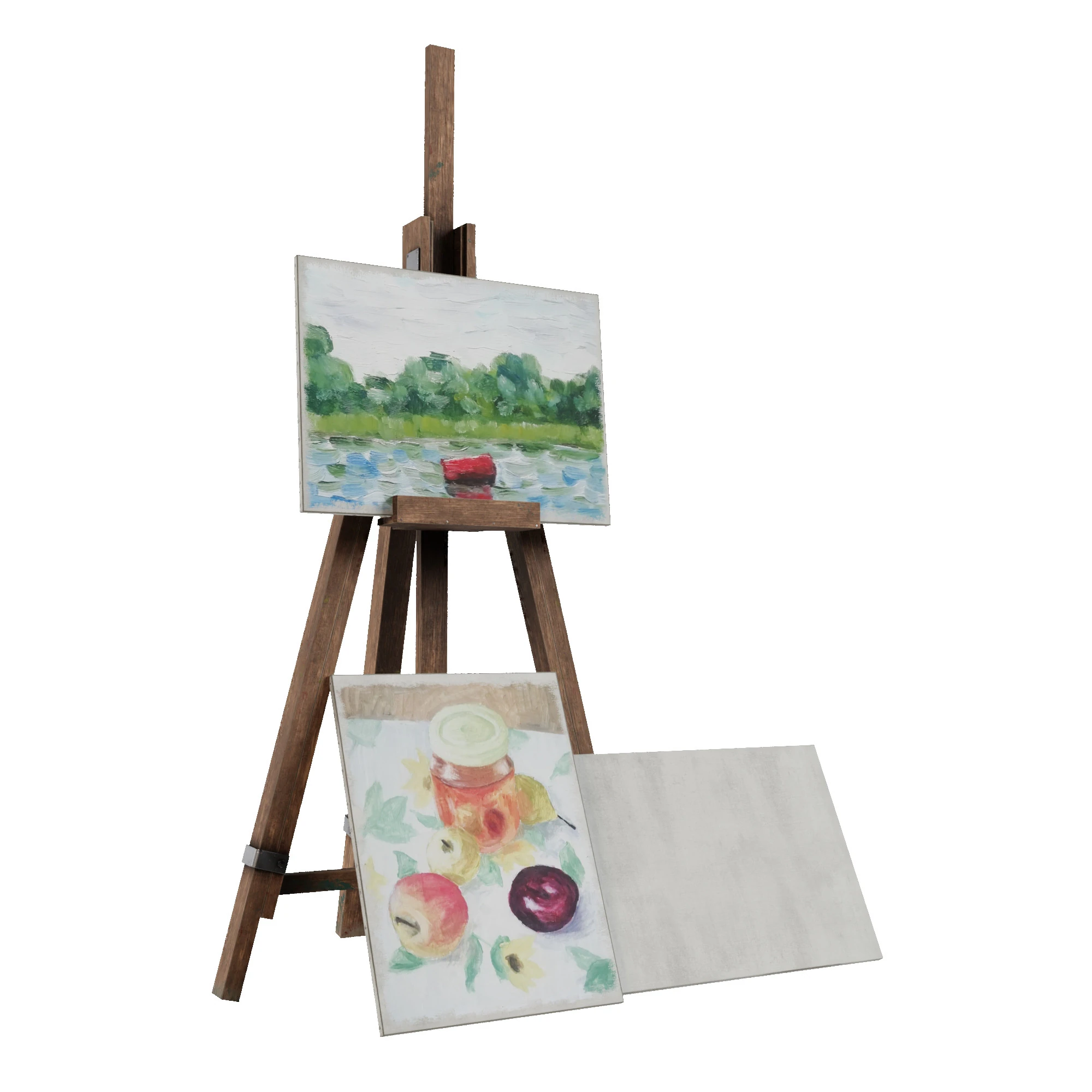 Easel with paintings 3D Model .c4d .max .obj .3ds .fbx .stl .blend