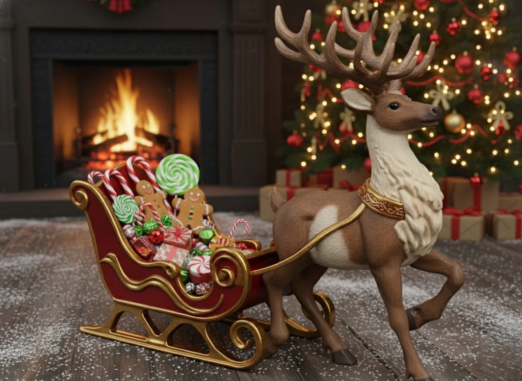 Christmas Reindeer and Sleigh 3D Model .c4d .max .obj .3ds .fbx .stl .blend 
