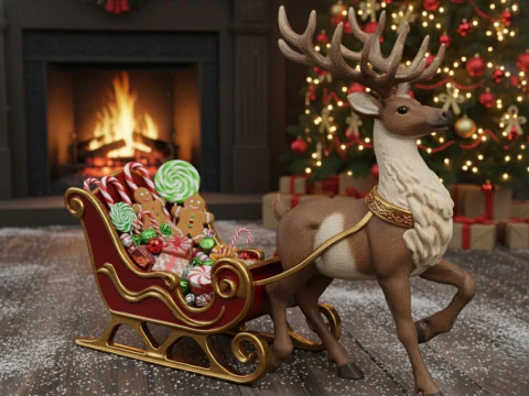 Christmas Reindeer and Sleigh 3D Model