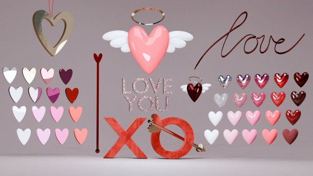 Hearts symbols set pack 3D for Valentines Day 3D Model .c4d .max .obj .3ds .fbx .stl .blend 