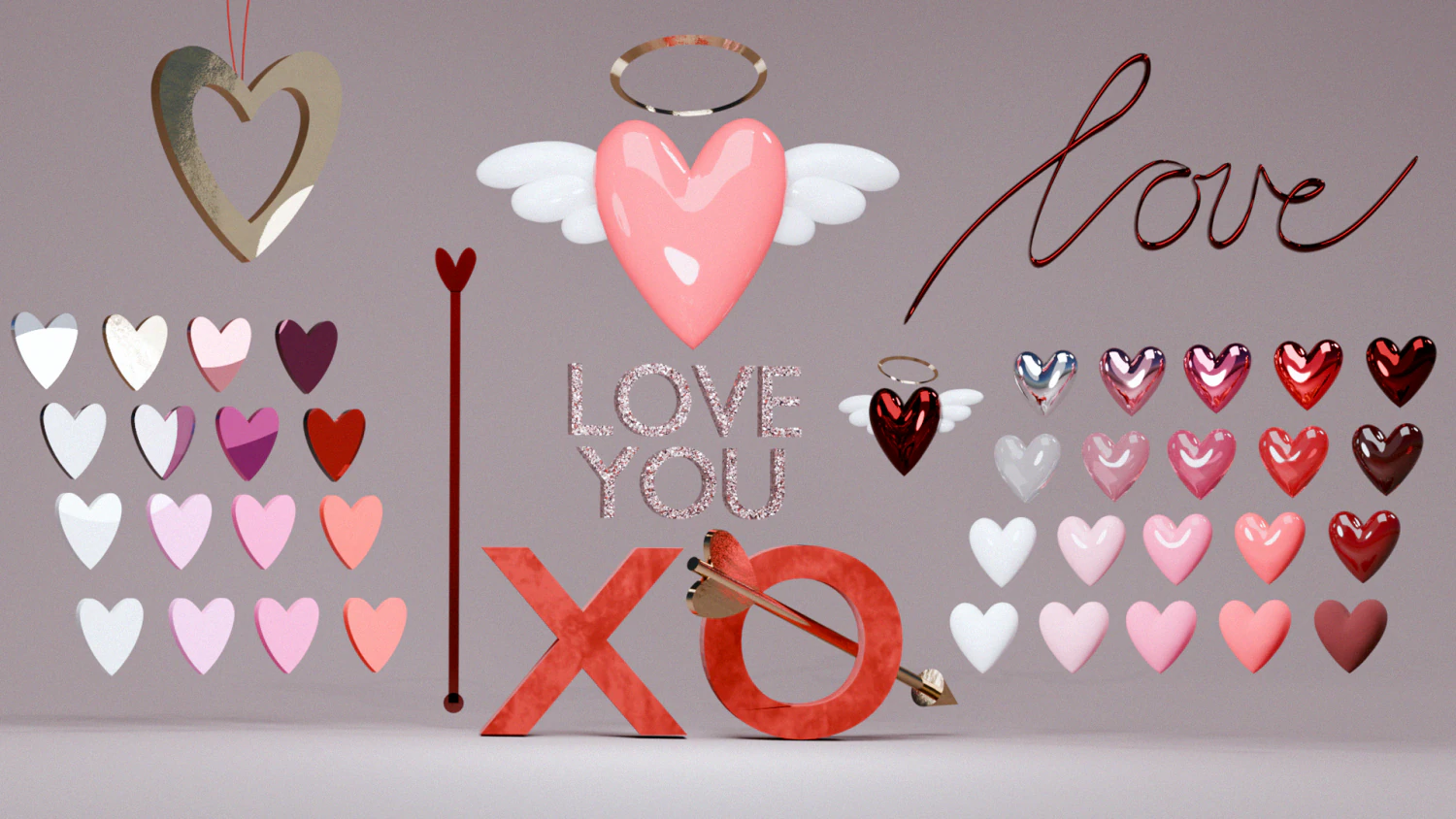 Hearts symbols set pack 3D for Valentines Day 3D Model .c4d .max .obj .3ds .fbx .stl .blend 
