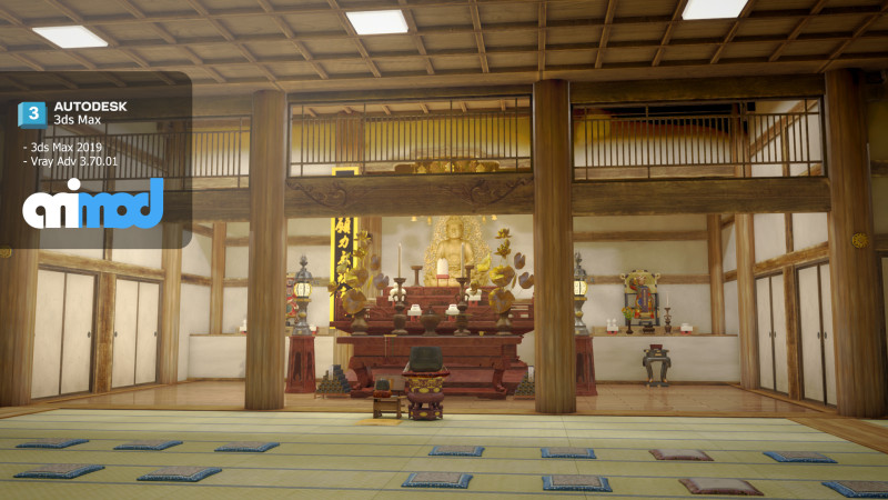 Japanese Temple With Interior Scene Modelo 3D .c4d .max .obj .3ds .fbx .stl .blend
