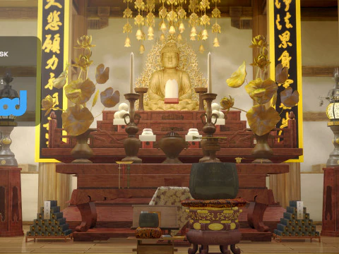 Japanese Temple With Interior Scene 3D Model
