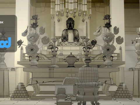 Japanese Temple With Interior Scene 3D Model
