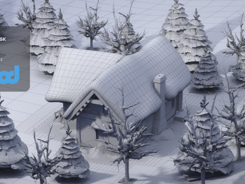 CartoonWinterWoodenHouses 3D Model