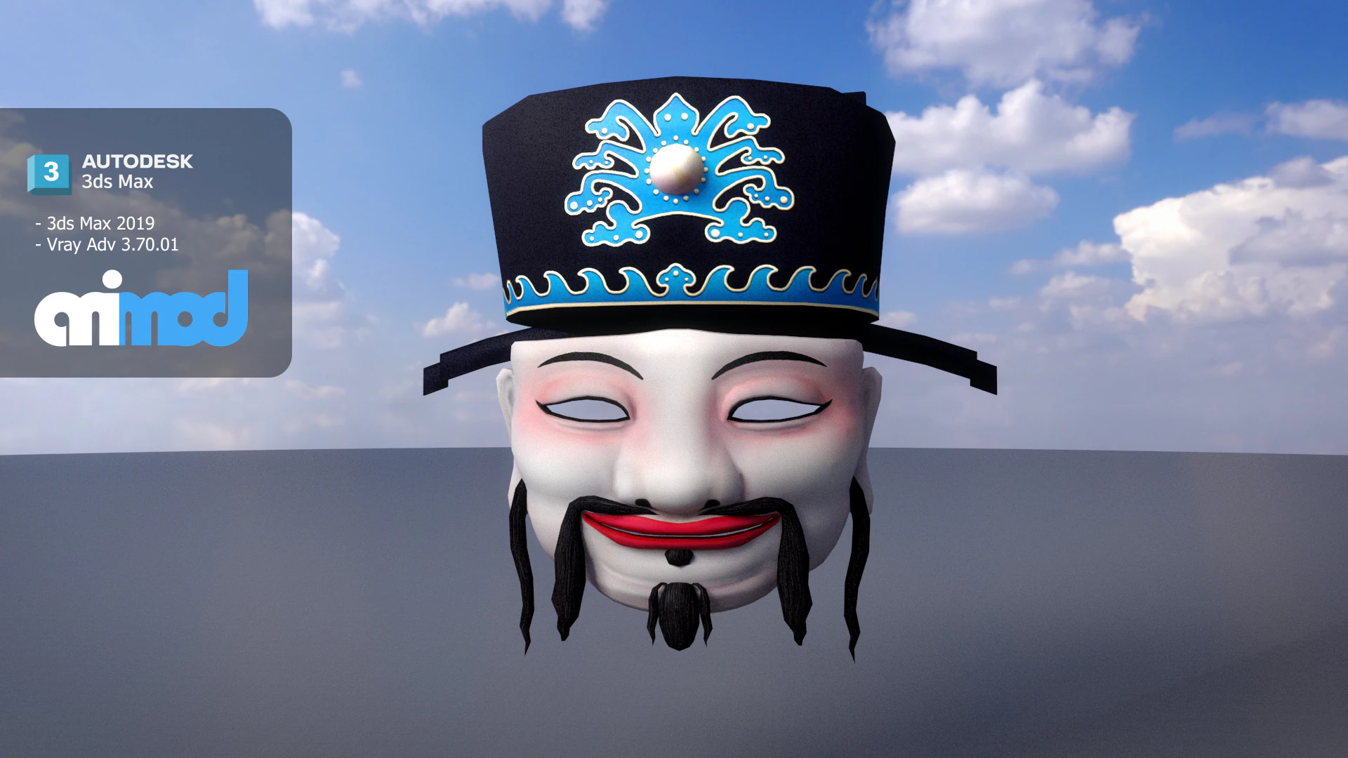 Chinese God of Wealth Mask 3D Model .c4d .max .obj .3ds .fbx .stl .blend 