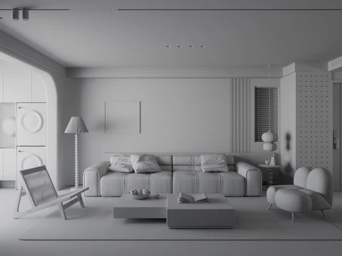 Cream Japandi Style Interior 083 3D Model