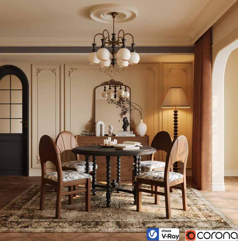 फ़्रेंच विंटेज डाइनिंग रूम इंटीरियर 014 3D मॉडल .c4d .max .obj .3ds .fbx .stl .blend 