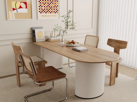 Sala de jantar Japandi Natural com m&oacute;veis de madeira clara 17 Modelo 3D