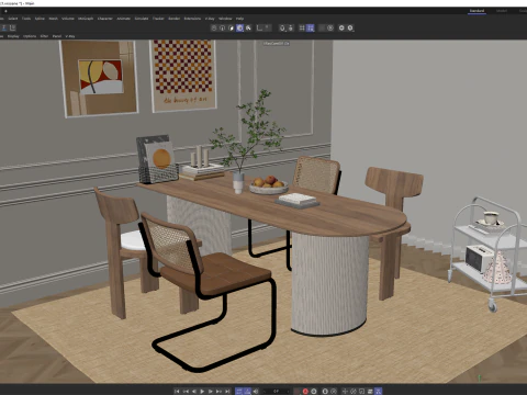 Sala de jantar Japandi Natural com m&oacute;veis de madeira clara 17 Modelo 3D