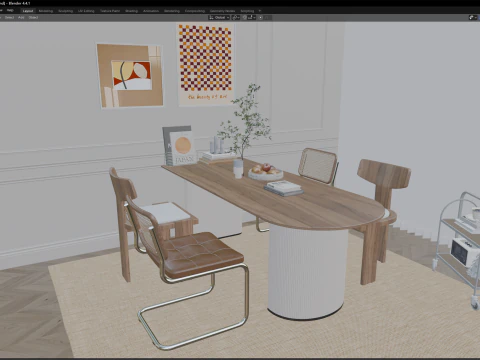 Sala de jantar Japandi Natural com m&oacute;veis de madeira clara 17 Modelo 3D