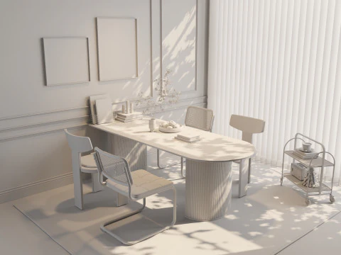 Sala de jantar Japandi Natural com m&oacute;veis de madeira clara 17 Modelo 3D