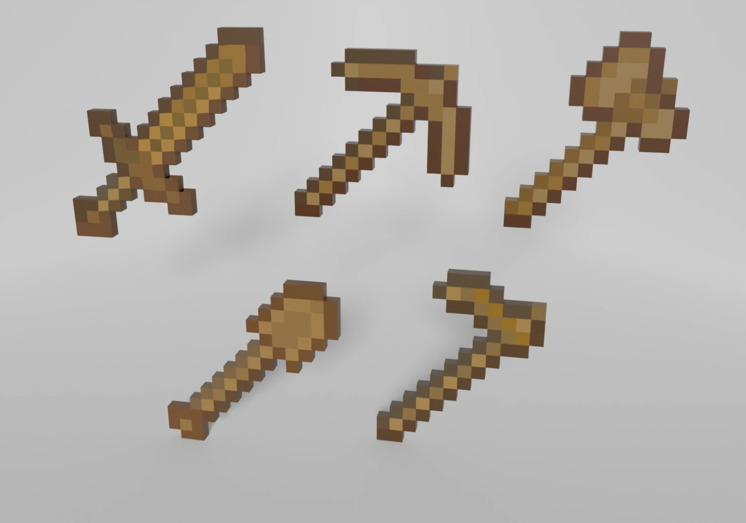 Pack N1 Minecraft Wood Tools 3D Model .c4d .max .obj .3ds .fbx .stl .blend