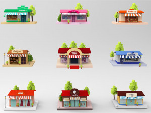 Cartoon City Buildings Shops 3D Model